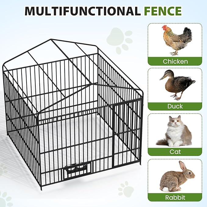 Rovibek Outside Dog Kenne with Roof, Outdoor Dog Kennel with 3 Sides Sun-Proof Cover,Large Dog Kennel Outdoor, Dog Run Enclosure with 2 Rotating Bowls for Large Dogs