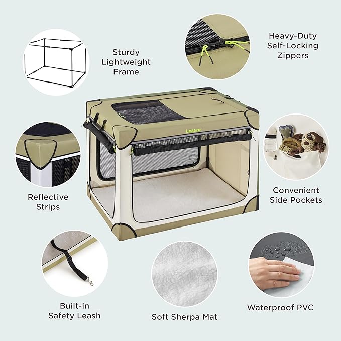 Lesure Soft Collapsible Dog Crate - 42 Inch Portable Travel Crate for Extra Large Dogs Indoor & Outdoor, 4-Door Foldable Pet Kennel with Durable Mesh Windows, Beige