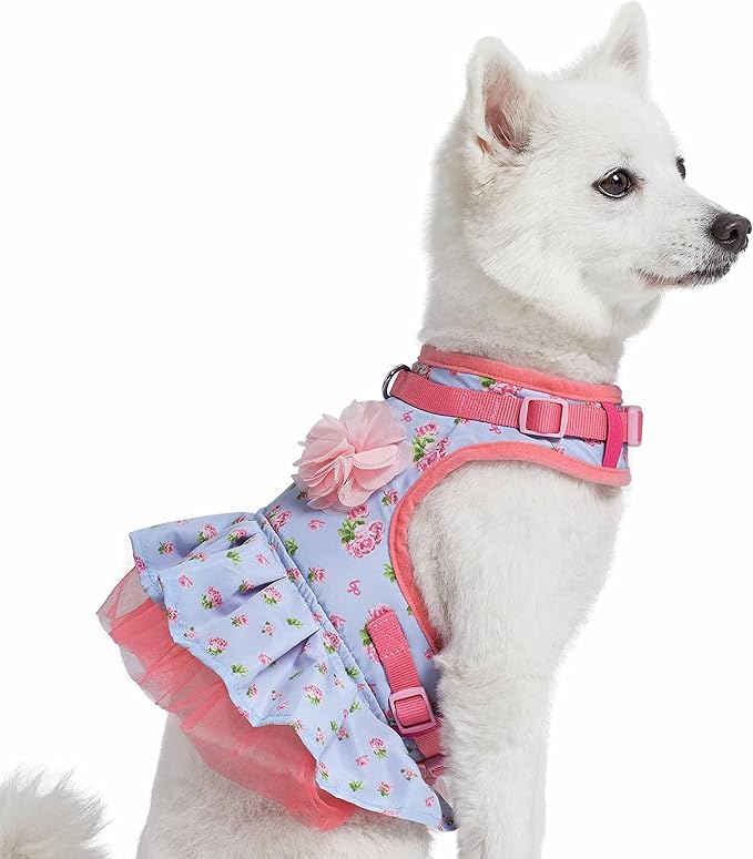 Blueberry Pet Soft & Comfy Spring Scent Inspired Floral No Pull Mesh Puppy Dog Costume Harness Dress, Pastel Blue, Chest Girth 14"-16", X-Small, Adjustable Harnesses for Dogs