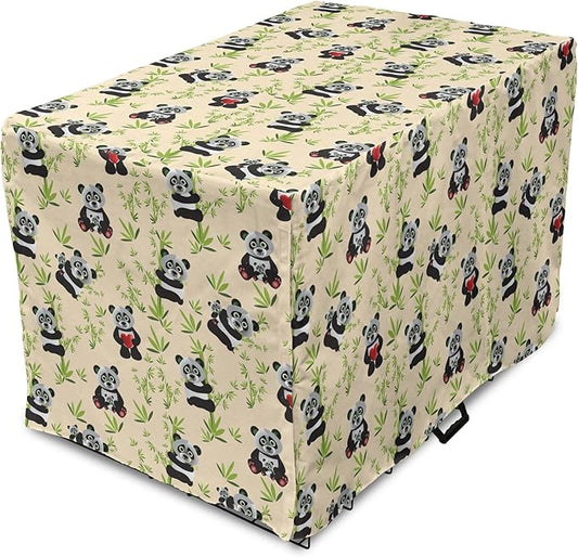 Lunarable Panda Dog Crate Cover, Asian Bear Cartoon Animal Eating Leaves Branches Wild Life Animal, Easy to Use Pet Kennel Cover for Small Dogs Puppies Kittens, 18 Inch, Apple Green Black and Ivory