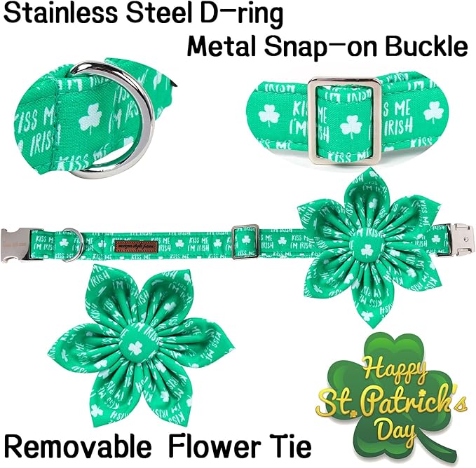 Unique Style Paws St. Patrick's Day Dog Collar with Bow Green Clover Dog Collar Flower Bowtie Collar for Large Medium Small Dogs
