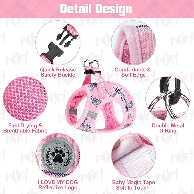 BEAUTYZOO Small Dog Harness and Leash Set,Step in No Chock No Pull Soft Mesh Dog Harnesses Reflective for Extra-Small/Small Medium Puppy Dogs and Cats, Plaid Dog Vest Harness for XS S Pets, Pink S