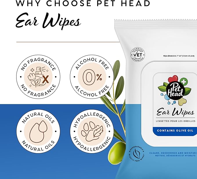 Pet Head Health Ear Wipes for Cats and Dogs | Fragrance-Free | Cleans, Deodorizes and Moisturizes | Removes Dirt, Wax, Discharge, and Debris | Biodegradable and Plant-Based Dog Ear Cleaner | 30 Wipes