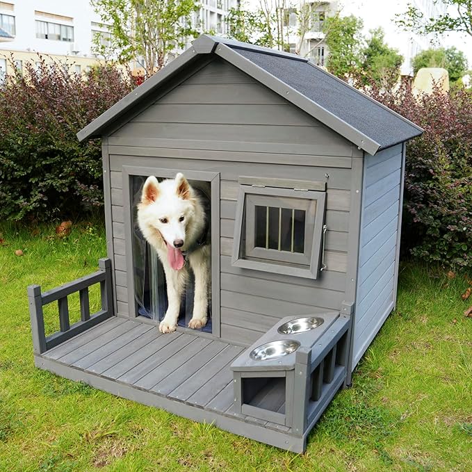 Outdoor Large Dogs House with Spacious Terrace,Open Waterproof Asphalt Roof Dog Kennel W/Breathable Window & 2 Feeding Stainless Bowls,Removable Floor Dog Cage for Large Dogs,Gray