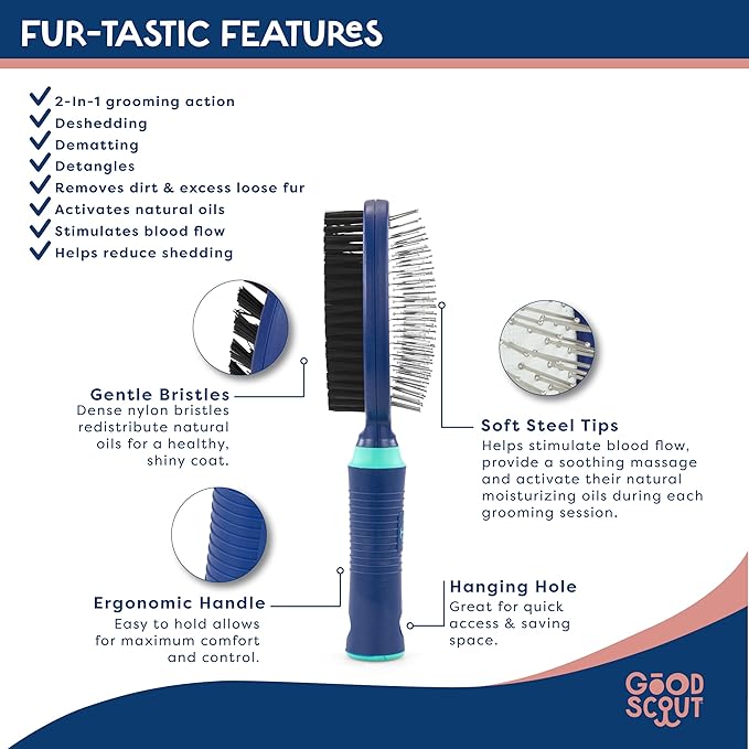 Good Scout 2-in-1 Pin & Bristle Deshedding Tool for Dogs & Cats, Gentle & Effective Dematting Brush for Long & Short Haired Pets, Pet Grooming Tool for Shedding, Tangles, and Knots