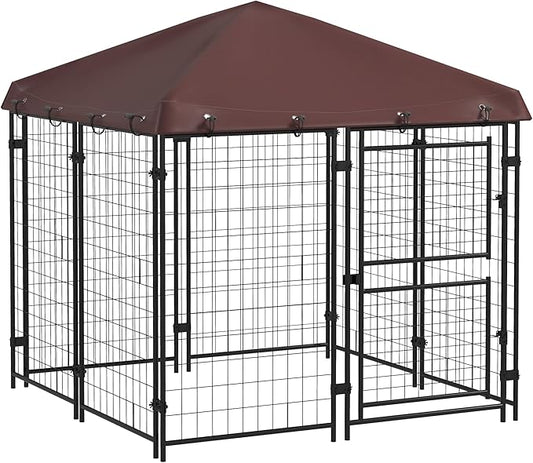 PawHut 4.6' x 5' Dog Kennel Outdoor with Waterproof Cover, Dog Playpen for Small and Medium-Sized Dogs with Two Part Door Design, Brown