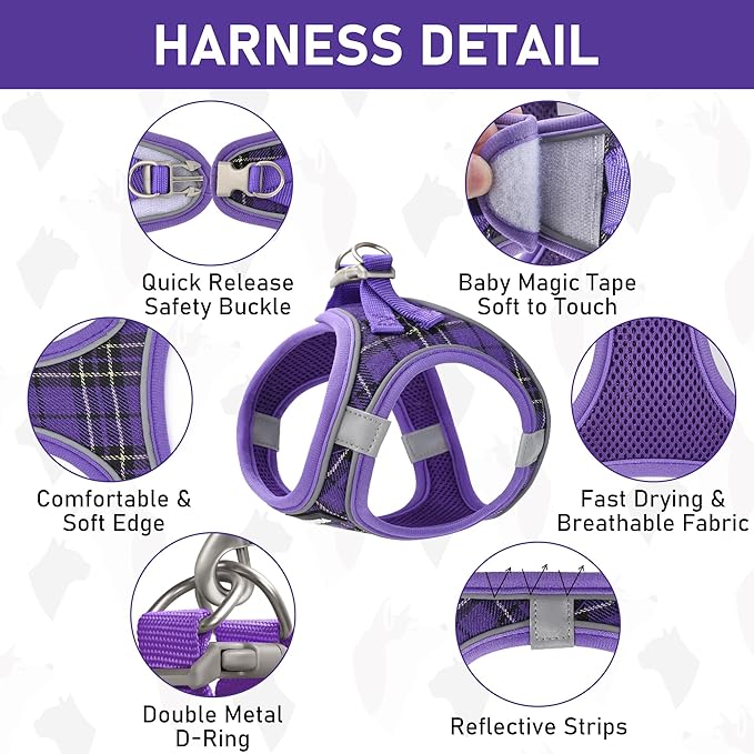 GAMUDA Small Dog Harness Collar and Leash Set, Step in No Chock No Pull Soft Mesh Adjustable Dog Vest Harnesses Plaid Reflective for Dogs Puppy Cats Kitten Rabbit (Purple, XS)