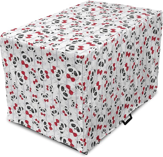 Lunarable Panda Dog Crate Cover, Funny Pattern of Asian Bear Animal in Romantic Bow Tie Cartoon Design, Easy to Use Pet Kennel Cover for Medium Large Dogs, 30 Inch, Pale Grey Black and Red