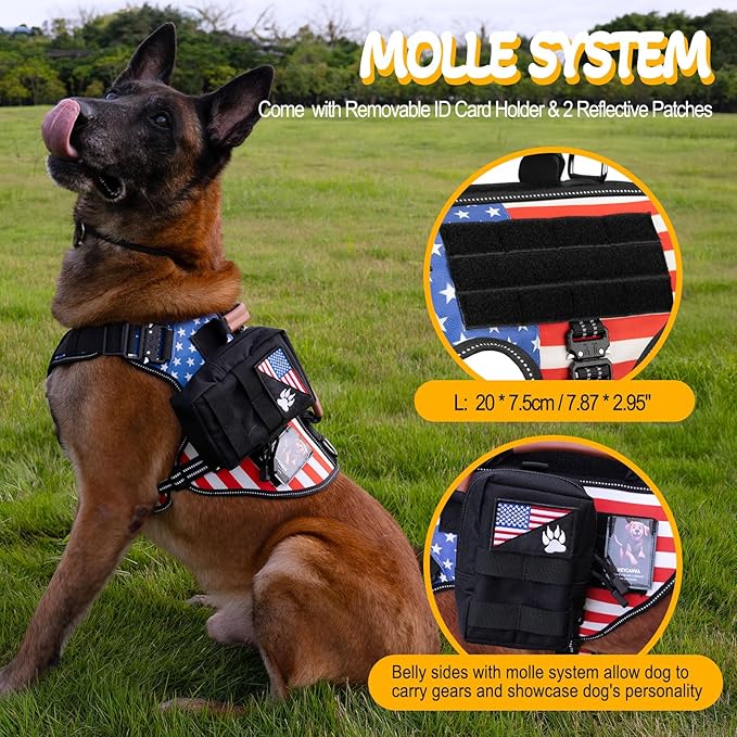 Service Dog Vest - HEYCAHVA Tactical Dog Harness Full Metal Buckles Dog Vest for Large Medium Dog Reflective No Pull Dog Harnesses with Leather Handle, Hook & Loop for Hiking Training (Flag, L)