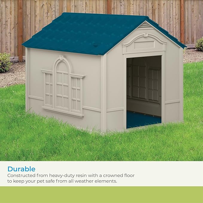 Suncast Deluxe Dog House for Dogs up to 100 Pounds with Removable Roof, Vents, Crowned Channeled Floor, and Personalization Labels, Taupe/Blue