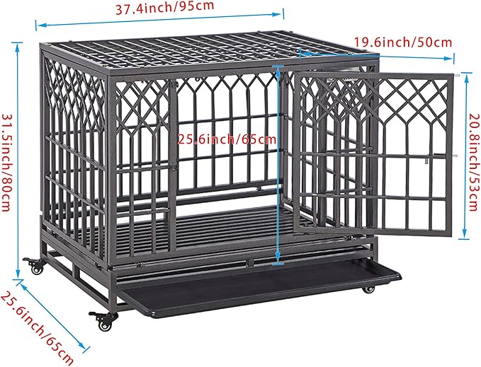 SMONTER 38" Heavy Duty Dog Crate Strong Metal Pet Kennel Playpen with Two Prevent Escape Lock, Large Dogs Cage with Wheels, Y Shape, Dark Silver … …