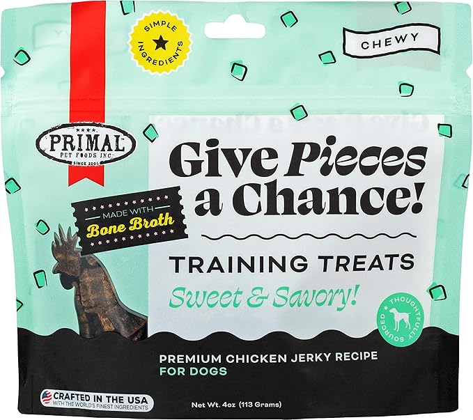 Primal Chicken Jerky Dog Treats Made with Broth, Give Pieces a Chance Training Treat for Dogs, 4 oz