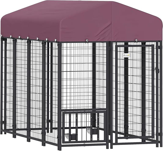 PawHut 7.9' x 4' x 6' Outdoor Dog Kennel, Welded Wire Heavy Duty Dog Run with 360° Rotating & 4 Level Adjustable Bowls, Dog Cage Outside with Waterproof & UV Resistant Cover, for S&M&L Dogs