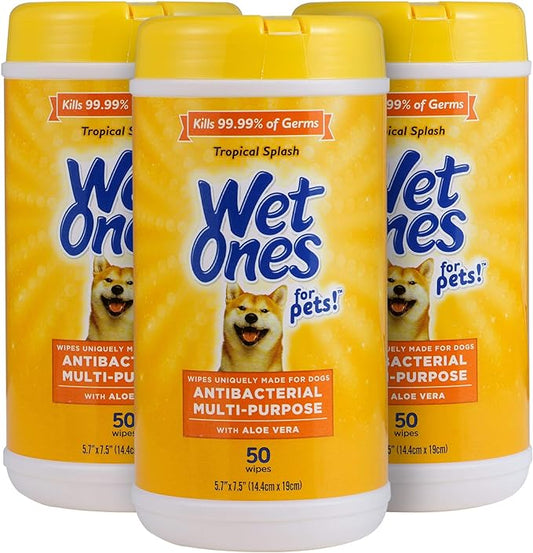 Wet Ones for Pets Multi-Purpose Dog Wipes with Aloe Vera, 50 Count - 3 Pack | Dog Wipes for All Dogs in Tropical Splash, Wipes for Paws & All Purpose