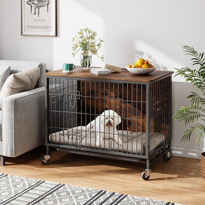 Small Dog Crate Furniture, 27.2"L x 20.1"W x 23.6"H,Indoor Pet Crate with Double Doors, Removable Tray and 360° Wheels, Wooden Countertop Dog Kennel, Brown&Black