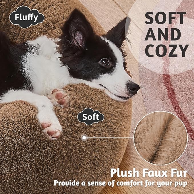 OhGeni Calming Donut Dog Bed Pillow, Machine Washable Plush Waterproof Zipper Cover, Anti-Slip Round Comfort Pet Bed, Pillow Design Cozy Warming Fluffy Fur Bed for Medium Large Dogs, Ocher, 36 inches