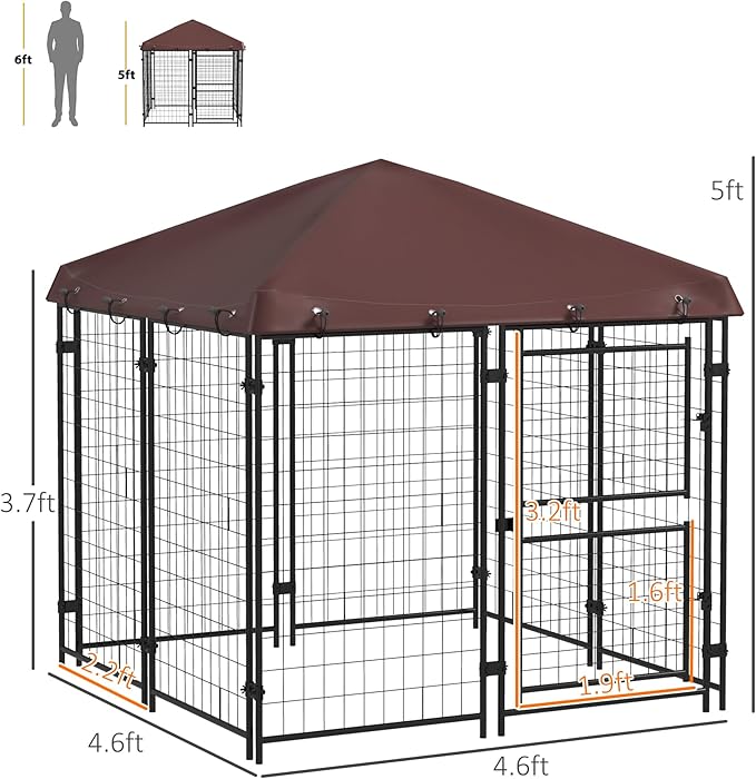 PawHut 4.6' x 5' Dog Kennel Outdoor with Waterproof Cover, Dog Playpen for Small and Medium-Sized Dogs with Two Part Door Design, Brown