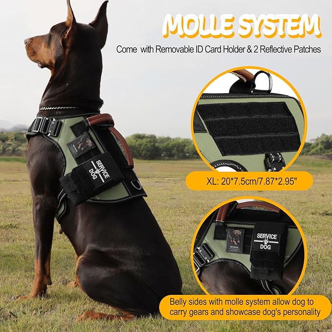 Service Dog Vest - HEYCAHVA Tactical Dog Harness Full Metal Buckles Dog Vest for Large Medium Dog Reflective No Pull Dog Harnesses Vest with Leather Handle, Hook & Loop for Hiking Training(Green, XL)