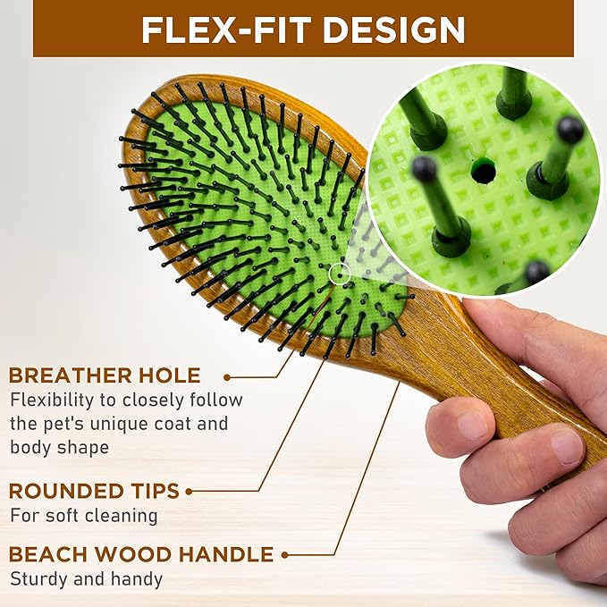TAKAVU Dog Cat Detangling Brush, Two-Sided Pin & Boar Bristle Grooming Brush for Removing Loose Hair Dirt and Promoting Healthy Coat, De-shedding Pet Supplies Comb, Detangler Brush for Dogs, Cats