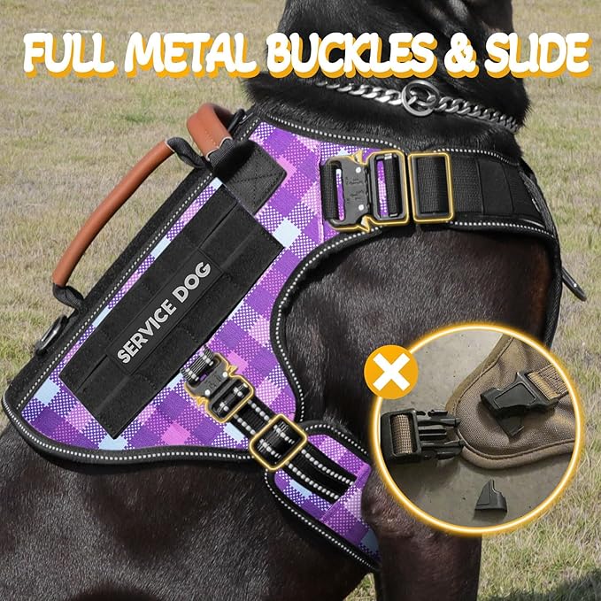 Service Dog Vest - HEYCAHVA Tactical Dog Harness Full Metal Buckles Dog Vest for Large Medium Dog Reflective No Pull Dog Harnesses Vest with Leather Handle, Hook & Loop for Hiking Training(Purple, L)