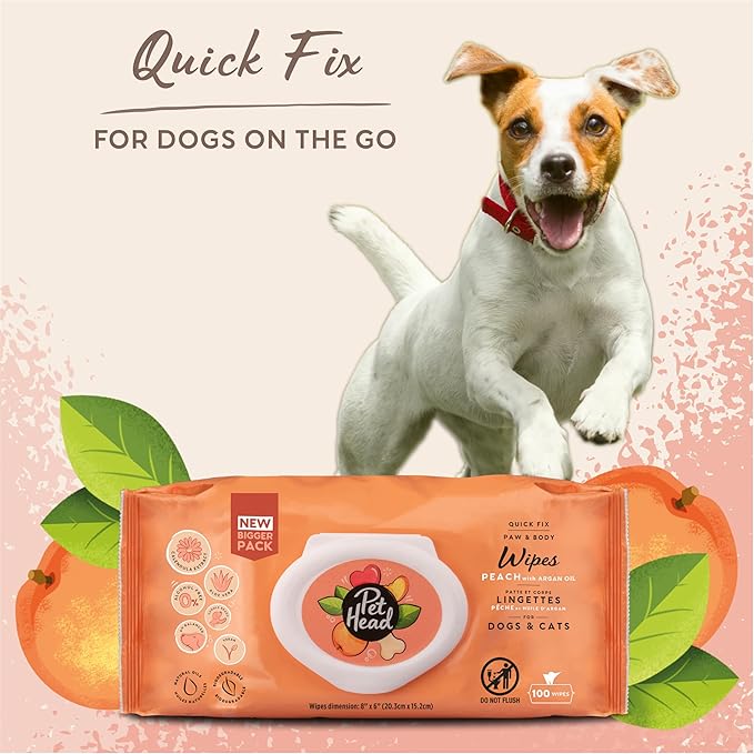 Pet Head Quick Fix Paw and Body Wipes for Cats and Dogs | Peach Scent with Aloe Vera | Biodegradable Pet Hygiene Cleaning Wipes | pH-Neutral | Vegan | for an Easy & Speedy Freshen-Up | 100 Pack