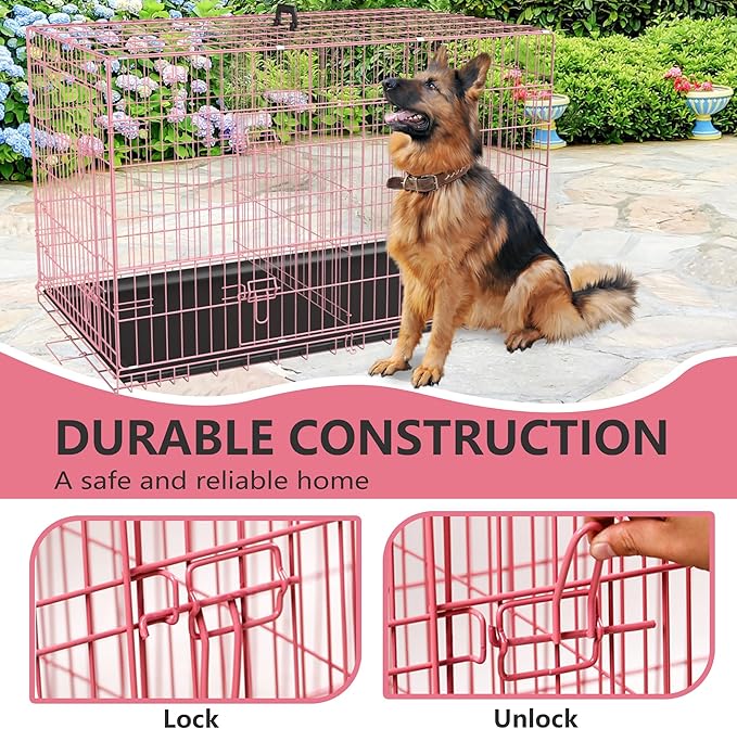 FDW Extra Large Dog Crate Dog Kennel Cage with Double Door,48 inch Folding Metal Wire Dog Cage with Removable Tray&Divider Panel,Pet Crate for Large Dogs,Pink