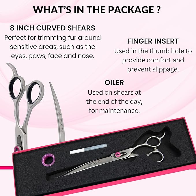 Kenchii Love Left Handed Dog Grooming Scissors, 8 Inch Curved Shears, Dog Scissors for Grooming, Professional Pet Grooming Scissors, Curved Dog Grooming Scissors