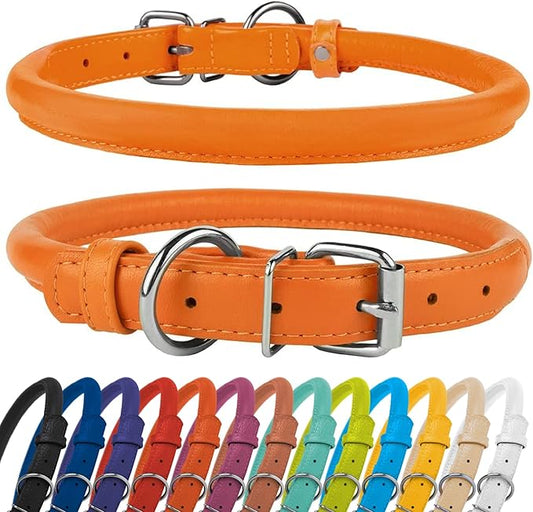 CollarDirect Rolled Leather Dog Collar, Soft Padded Round Puppy Collar, Handmade Genuine Leather Collar Dog Small Large Cat Collars 13 Colors (6-7 Inch, Orange Textured)