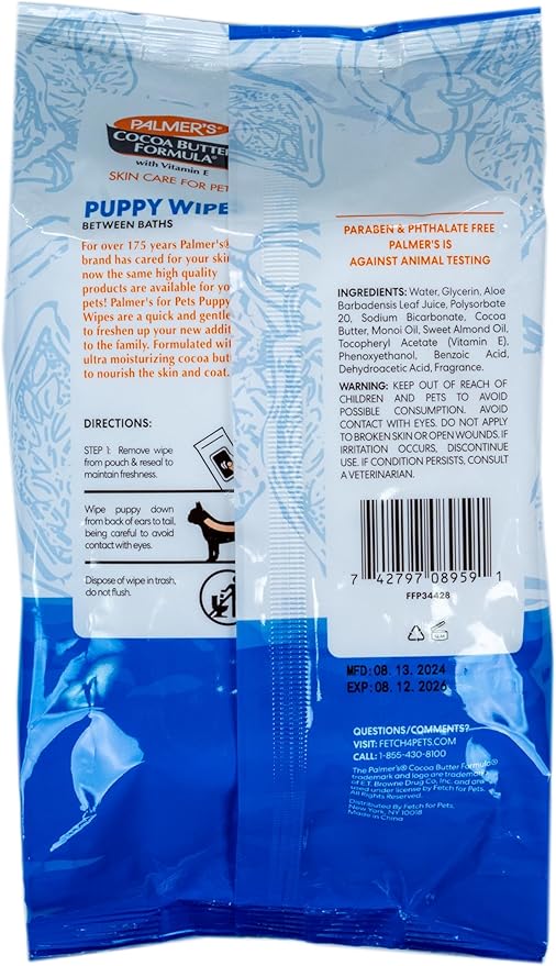 Palmer's Cocoa Butter Puppy Wipes for Between Baths | Cocoa Butter Wipes for Dogs | Paraben & Phthalate Free Dog Grooming Wipes for Dogs, Palmers Dog Bath Wipes, 100ct
