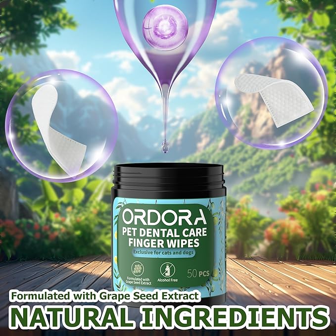ORDORA PET Teeth Cleaning Wipes for Dogs & Cats, Dog Teeth Cleaning Finger Wipes - Dog Tooth Brushing Kit Dental Wipes - Reduces Plaque & Freshens Breath (50 Pcs)