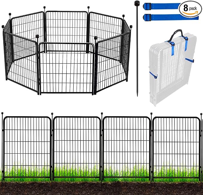 ADAVIN 48 in(H) Garden Fence Panels, 8 Panels Total 17.7 Ft(L), Heavy Duty Iron Metal Animal Barrier Fence, Fencing for Garden Beds, Camping Fence, No Dig Garden Border Fencing for Yard(No Gate)