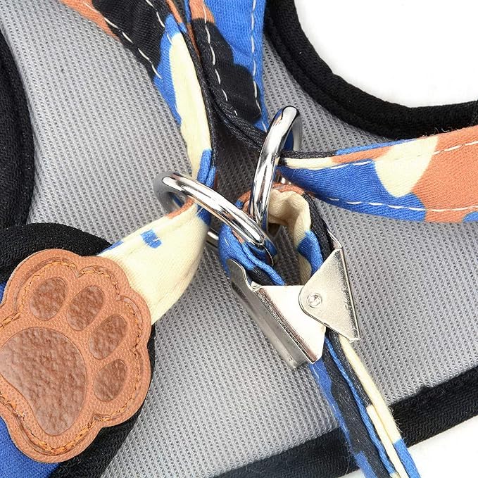 SMALLLEE_LUCKY_STORE Small Dog Cat Mesh Harness & Lead No Escape Adjustable Padded Military Camo Blue, M Chest:11.5"-15.5",Weight 6.5-11lbs