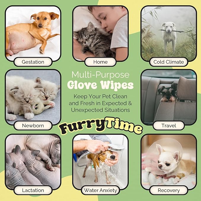 FURRYTIME Pet Cleaning Glove Wipes for Dogs & Cats, 30 Gloves, Hypoallergenic Pet Wipes Disposable No-Rinse Grooming, Extra Thick Bathing Wipes, Pet Dry Cleaning Paws, Coat, Ears, Eye Area, Butt