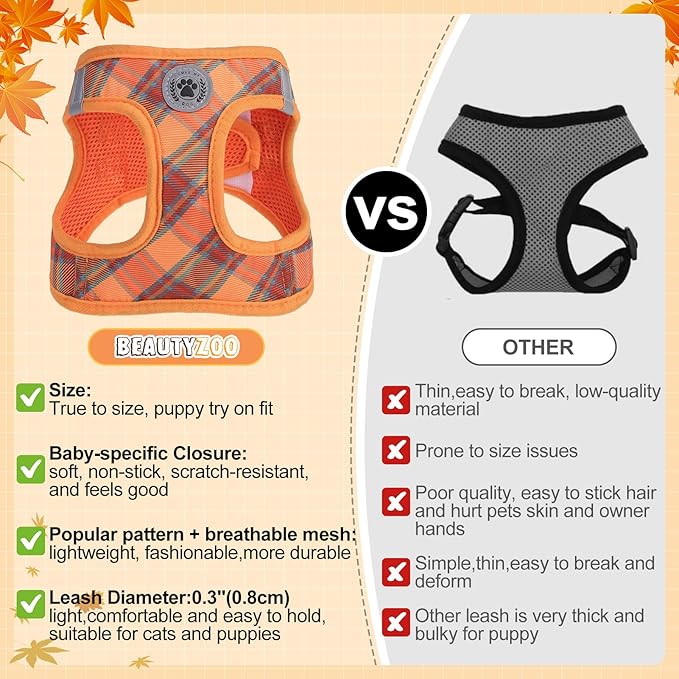 BEAUTYZOO Step in Dog Harness and Leash Set, Reflective Dog Harness No Pull No Choke Puppy Harness for Extra Small Dogs Cats, Soft Padded Mesh Vest Harnesses for Girl and Boy Pets, Orange Plaid XS