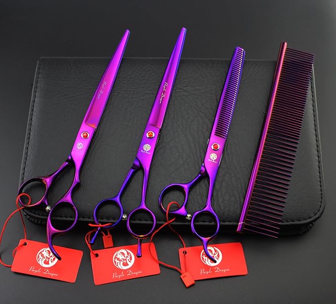 Purple Dragon 8 inch 3 in 1 Professional Pet Grooming Thinning Scissors - Upward Curved Shears and Dog Hair Cutting Scissor - Perfect for Pet Groomer or Family DIY Use (Purple)