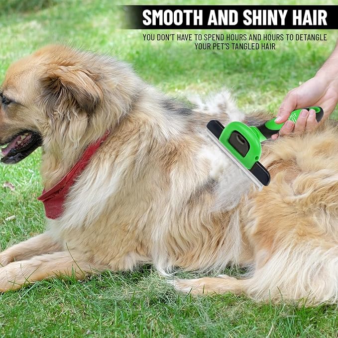 Pet Deshedding Tool Cleaning Brush - Green - For Dogs & Cats - Hair Removal Tool - Stainless Steel Knot Detangler Comb - 95% Shedding Reduce