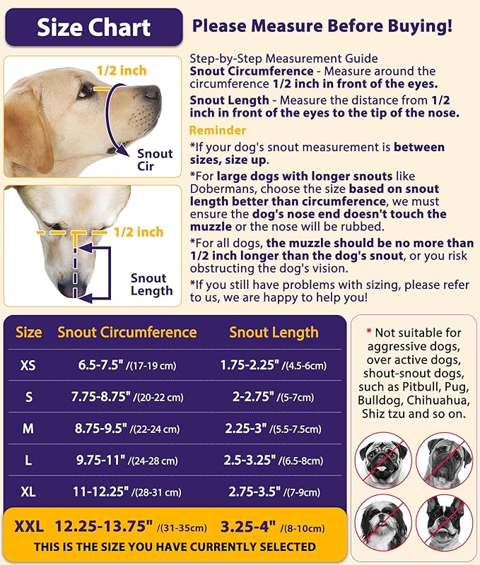 LUCKYPAW Dog Muzzle, Mesh Muzzle for Large Medium Small Dogs with Front Opening Design, Dog Mouth Cover to Prevent Biting, Licking, Chewing, Scavenging, Breathable Muzzle Allows Drinking(Purple,XXL)