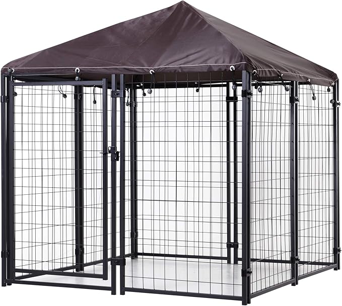 PawHut 4.6' x 4.6' x 5' Outdoor Dog Kennel, Walk-in Pet Playpen, Welded Wire Steel with Water and UV-Resistant Canopy, Black