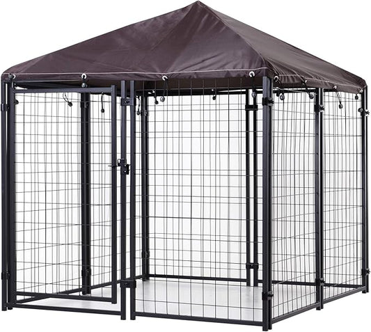 PawHut 4.6' x 4.6' x 5' Outdoor Dog Kennel, Walk-in Pet Playpen, Welded Wire Steel with Water and UV-Resistant Canopy, Black