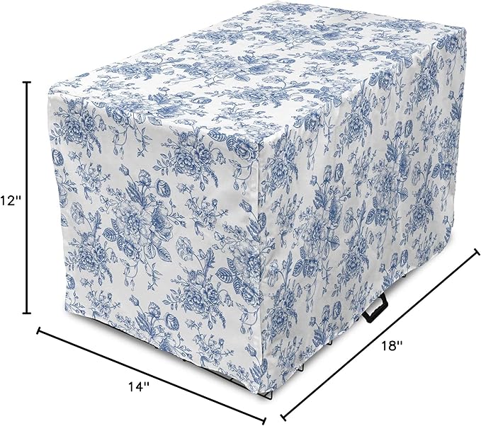 Lunarable Flowers Dog Crate Cover, Floral Themed Monochromatic Roses Peonies Bells Peas Bouquet Composition, Easy to Use Pet Kennel Cover for Small Dogs Puppies Kittens, 18 Inch, White Blue