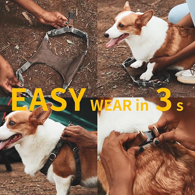 Puppytie Dog Harness with Multi-Functional Leash, No-Pull No-Choke Escape-Proof Dog Vest, Soft Breathable Step-in Pet Harness, Lightweight Comfortable for Medium Dogs, Denim Khaki Button-M (17-35lb)