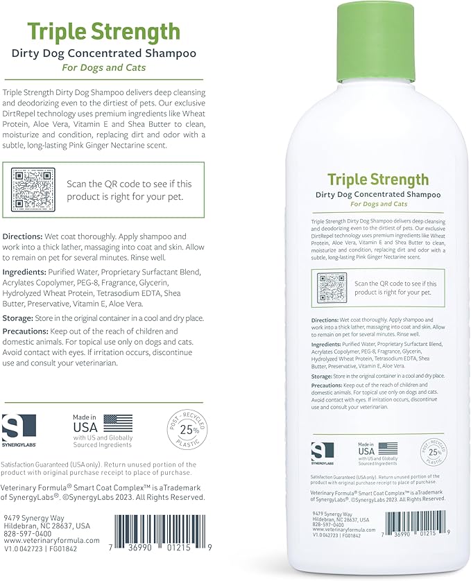 Veterinary Formula Smart Coat Complex Triple Strength Dirty Dog Concentrated Shampoo, 17 Fl oz – DirtRepel Tech Cleans Extra Dirty and Smelly Dogs – Contains Shea Butter and Aloe Vera to Soothe