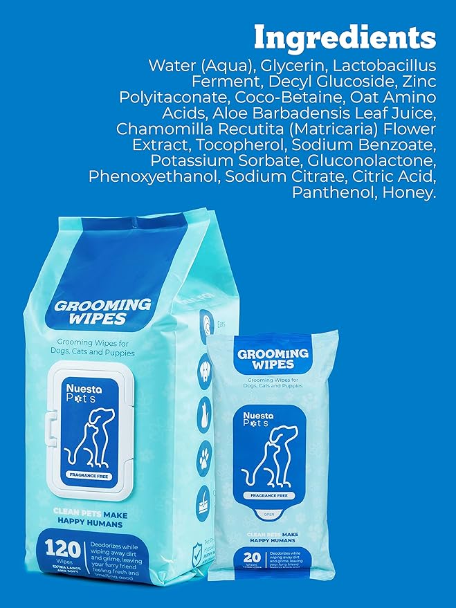 Pets XL Hypoallergenic Pet Wipes - Deodorizing No Bath Cleaning for Dogs & Puppy Grooming Ear, Face, Butt, Paw Wet Wipe w/Aloe, Chamomile, Oat Amino Acids | 2 Packs of 120 Wipes
