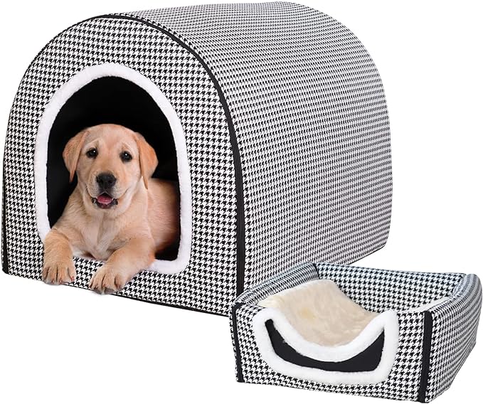 Dog Bed,2 Ways to Use,Indoor Pet House with Fluffy Mat,Removable and Washable Cover,Non-Slip Bottom,for Large Dogs(2XL Black Cranes)