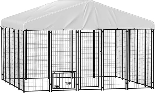 PawHut 9.8' x 9.8' x 6.8' Outdoor Dog Kennel, Welded Wire Heavy Duty Dog Run with 360° Rotating & 4 Level Adjustable Bowls, Dog Kennel Outside with Waterproof & UV Resistant Cover, for S&M&L Dogs