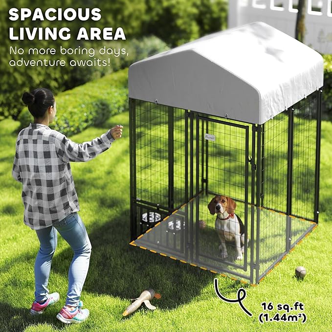 PawHut 3.9' x 3.9' x 6' Outdoor Dog Kennel, Welded Wire Heavy Duty Dog Run with 360° Rotating & 4 Level Adjustable Bowls, Dog Kennel Outside with Waterproof & UV Resistant Cover, for S&M Dogs