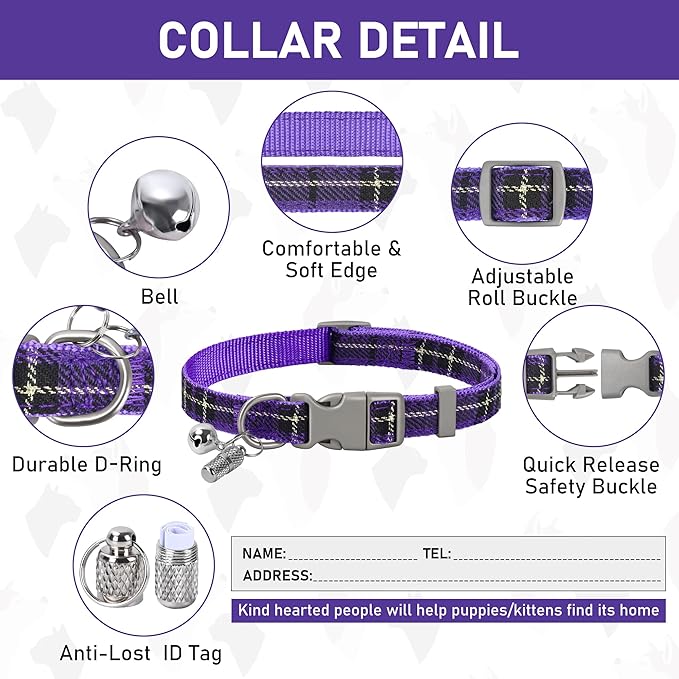 GAMUDA Small Dog Harness Collar and Leash Set, Step in No Chock No Pull Soft Mesh Adjustable Dog Vest Harnesses Plaid Reflective for Dogs Puppy Cats Kitten Rabbit (Purple, XS)