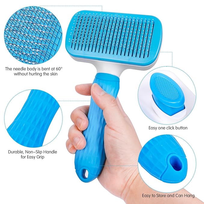 Dog & Cat Brush, Self Cleaning Slicker Brush for Pets, Upgraded Dog Brush for Shedding Massaging and Grooming, Removes Loose Undercoat & Portable Comb for Long Short Haired Dogs(Blue)