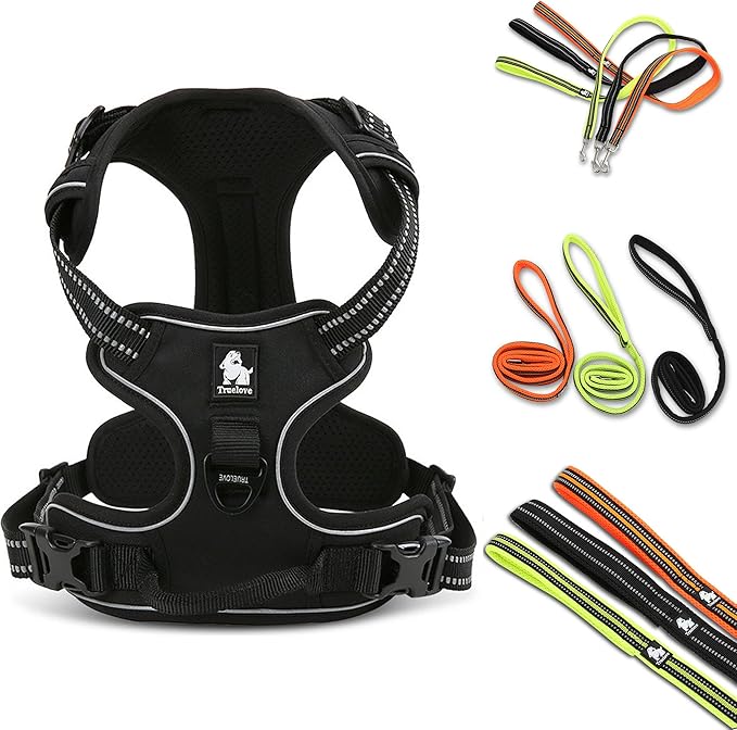 Reflective Nylon No-Pull Dog Harness and Training Leash Set Padded Durable Adjustable(M, Black Set)