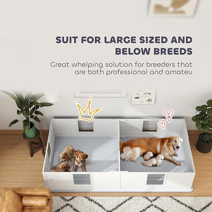 PawHut Whelping Box for Dogs and Puppies, Dog Whelping Box with Waterproof Pee Pad, Adjustable Height Door, for Large Dogs Indoor Use, 96" x 47" x 19"
